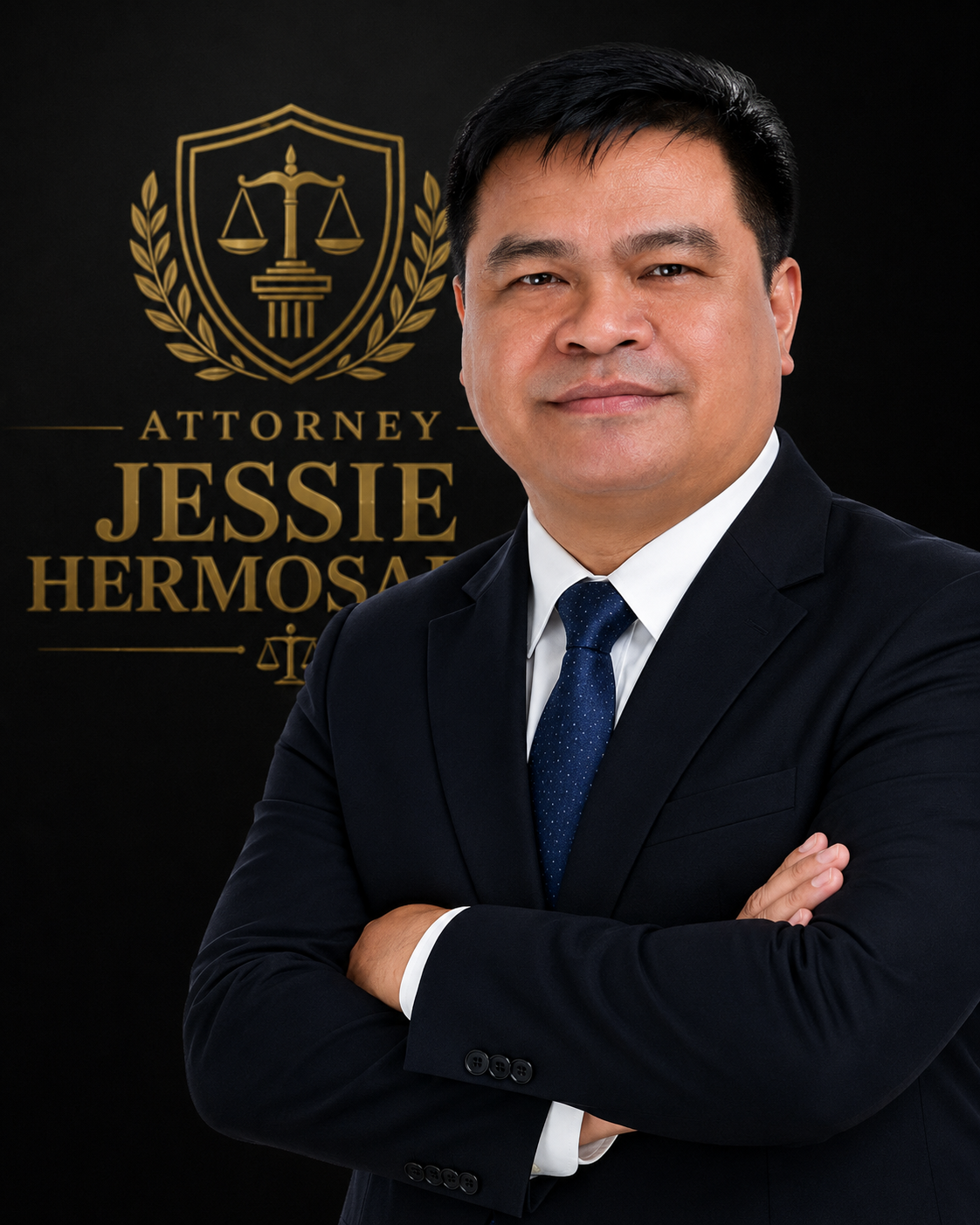 Attorney Jessie Hermosado with law firm emblem